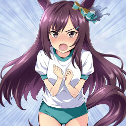 Rule 34 | alternate costume, animal ears, black hair, blush, breasts, buruma, commentary, hair ornament, hairclip, hands on own chest, horse ears, horse tail, looking at viewer, medium breasts, mejiro dober (umamusume), nakahira guy, open mouth, purple eyes, simple background, sweat, tail, umamusume