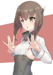 Rule 34 | 1girl, blush, brown eyes, brown hair, hair between eyes, headband, headgear, highres, kantai collection, kodama (mmt uf), long sleeves, parted lips, red background, short hair, solo, sweat, taihou (kancolle), two-tone background, upper body, white background