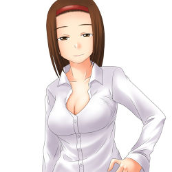 Rule 34 | 00s, 1girl, blunt bangs, breasts, cleavage, collarbone, collared shirt, dress shirt, expressionless, hairband, long sleeves, looking at viewer, lowres, maria-sama ga miteru, shirt, short hair, simple background, solo, torii eriko, toshifumi, upper body, white background, white shirt