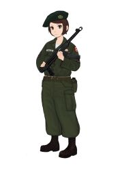 Rule 34 | belt, beret, boots, canteen, gun, hat, highres, komii, military, military uniform, paratrooper, pps-43, simple background, solo, submachine gun, uniform, united states army, weapon