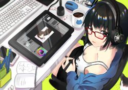 Rule 34 | 1girl, bare shoulders, black eyes, black hair, blue jacket, book, breasts, candy, cat, cellphone, cleavage, coffee, coffee mug, collarbone, commentary request, cup, desk, downblouse, drawing tablet, food, from side, glasses, green background, headphones, highres, holding, holding stylus, jacket, keyboard, long sleeves, looking at viewer, looking to the side, medium breasts, mug, off shoulder, on chair, open book, open clothes, open jacket, original, parted lips, pencil, phone, red-framed eyewear, short hair, simple background, smartphone, smile, solo, stylus, trash can, wireless mouse, yufou