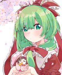 Rule 34 | 1girl, blush, cherry blossoms, closed mouth, commentary request, doll, dress, frilled ribbon, frills, front ponytail, green eyes, green hair, hair ribbon, hina ningyou, hinamatsuri, holding, holding doll, kagiyama hina, long hair, looking at viewer, outstretched hand, petals, puffy short sleeves, puffy sleeves, red dress, red ribbon, ribbon, short sleeves, solo, touhou, tree, upper body, white background, yamase