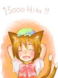 Rule 34 | 1girl, ^ ^, animal ears, brown hair, cat ears, cat girl, cat tail, chen, closed eyes, earrings, fang, female focus, gradient background, hat, jewelry, milestone celebration, multiple tails, short hair, solo, tail, takanashi minato, touhou