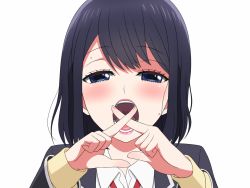 Rule 34 | 10s, 1girl, black hair, blue eyes, crossed fingers, eyelashes, half-closed eyes, kh-fullhouse, koi to uso, lips, looking at viewer, open mouth, parody, school uniform, simple background, solo, takasaki misaki (koi to uso), upper body, uvula, white background, x fingers