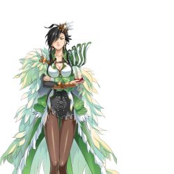 Rule 34 | 1girl, black hair, breasts, cape, cleavage, closed mouth, crossed arms, feathers, hair ornament, hair over one eye, legs, looking at viewer, medium breasts, pantyhose, sacred sword princesses, smile, solo, standing, thighs, transparent background, yellow eyes