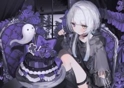 1girl black_choker black_hoodie black_skirt blush bow cake chair choker closed_mouth curtains flower food fork ghost heterochromia holding holding_fork hood hood_down hoodie indoors kasukano_uturo knees_up long_hair long_sleeves looking_at_viewer neo-porte null1040 purple_bow purple_eyes purple_flower purple_rose rose short_hair_with_long_locks sidelocks sitting skirt sleeves_past_wrists socks solo table thigh_strap virtual_youtuber white_hair window wolf_cut yellow_eyes