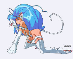 1girl animal_ears animal_hands bare_shoulders blue_hair blush breasts cat_ears cat_tail darkstalkers felicia_(darkstalkers) from_side grey_background guolfo licking long_hair tail very_long_hair white_fur