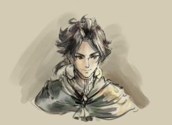 Rule 34 | 1boy, athenawyrm, brown hair, cyrus (octopath traveler), looking at viewer, male focus, monochrome, octopath traveler, octopath traveler i, short hair, simple background, smile, solo