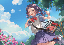 Rule 34 | 1girl, :d, ahoge, bag, black skirt, black socks, blue sky, book, bow, bowtie, bright pupils, brown eyes, brown hair, cherico, clenched hand, cloud, cloudy sky, collared shirt, commentary request, curly hair, dappled sunlight, day, fence, flower, grey shirt, grey sweater, hair tie, hands up, high collar, highres, jumping, looking at viewer, miniskirt, open mouth, original, outdoors, pencil case, pink flower, pleated skirt, red bow, red bowtie, school bag, school uniform, shirt, shoes, short ponytail, short sleeves, skirt, sky, smile, sneakers, socks, solo, sunlight, sweater, sweater vest, teeth, traffic mirror, transparent bag, tree, upper teeth only, white footwear, white pupils