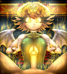 Rule 34 | 1boy, 1girl, absurdres, alternate costume, amulet, aura, breast press, breasts, breasts squeezed together, classroom, cleavage cutout, clothing cutout, comic, covered erect nipples, danganronpa (series), demon girl, demon horns, demon wings, dialogue box, energy, energy drain, eyelash fetish, eyelashes, fang, fangs, fujisaki chihiro, genderswap, genderswap (mtf), glowing, glowing eyes, glowing horns, glowing penis, happy, happy sex, heart, heart-shaped pupils, hetero, highres, horns, imminent paizuri, indoors, interspecies, long eyelashes, looking at viewer, medium breasts, paizuri, paizuri under clothes, penis, penis to breast, pov, short hair, skin fang, smile, solo focus, speech bubble, steam, steaming body, sweat, symbol-shaped pupils, vrabo, wings, yellow eyes
