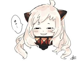 Rule 34 | 1girl, abyssal ship, ahoge, anya&#039;s heh face (meme), black eyes, blush, furochia, highres, horns, kantai collection, long hair, meme, northern ocean princess, open mouth, pale skin, parody, signature, simple background, smug, solo, speech bubble, spy x family, white background, white hair