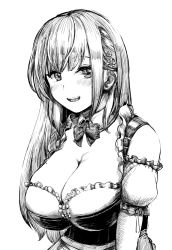 Rule 34 | 1girl, blush, bodice, bow, bowtie, breasts, cleavage, detached collar, dirndl, flower, german clothes, greyscale, hair flower, hair ornament, hololive, large breasts, long hair, mole, mole on breast, monochrome, official alternate costume, open mouth, shirogane noel, shirogane noel (dirndl), simple background, sketch, smile, solo, straight hair, upper body, virtual youtuber, white background, wing collar, yamada gaeshi