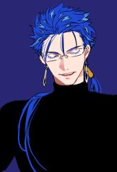 Rule 34 | 1boy, black shirt, blue background, blue hair, closed eyes, colored eyelashes, commentary request, cu chulainn (fate), cu chulainn (fate/stay night), earrings, eyelashes, facing viewer, fate/stay night, fate (series), glasses, jewelry, long hair, male focus, parted lips, ponytail, shirt, simple background, smile, solo, tenobe, turtleneck, upper body