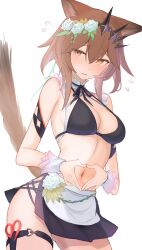 Rule 34 | 8ka43, absurdres, animal ears, apron, arknights, bikini, black bikini, breasts, brown eyes, brown hair, cat ears, cat girl, cat tail, cowboy shot, flower, hair between eyes, hair flower, hair ornament, heart, heart hands, highres, large breasts, looking at viewer, maid, maid bikini, navel, pouch, rose, scissors, short hair, simple background, solo, stomach, swimsuit, tail, thigh pouch, tiara, unconventional maid, vendela (arknights), waist apron, white apron, white background, white flower