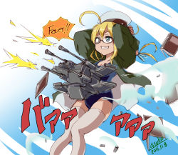 Rule 34 | 10s, 1girl, 2015, 4suke, ahoge, aqua eyes, arms behind head, artist name, blonde hair, blue eyes, book, commentary request, dated, firing, german text, glasses, grin, gun, hair ribbon, hat, i-8 (kancolle), jacket, jojo no kimyou na bouken, jojo pose, kantai collection, long hair, long sleeves, low twintails, machine gun, one-piece swimsuit, parody, peaked cap, ribbon, rudolph von stroheim, sailor hat, school swimsuit, semi-rimless eyewear, smile, solo, swimsuit, teeth, thighhighs, trait connection, twintails, under-rim eyewear, weapon, white ribbon, white thighhighs, zettai ryouiki