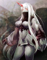 Rule 34 | 10s, 1girl, abyssal ship, bad id, bad pixiv id, blurry, breasts, claws, colored skin, depth of field, dress, highres, horns, kantai collection, large breasts, long hair, looking at viewer, red eyes, seaport princess, single horn, solo, teko, white hair, white skin