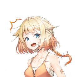 Rule 34 | ^^^, 1girl, ajishio, bare shoulders, blonde hair, blue eyes, braid, cevio, choker, collarbone, commentary, flat chest, furrowed brow, gradient hair, hair flaps, highres, looking at viewer, medium hair, multicolored hair, one (cevio), open mouth, orange hair, orange shirt, portrait, shirt, solo, spaghetti strap, surprised, wavy mouth, white background