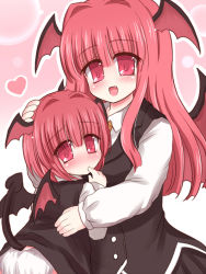 Rule 34 | 2girls, child, fang, female focus, finger to mouth, head wings, hug, koakuma, long hair, looking at viewer, multiple girls, open mouth, panties, red eyes, red hair, ry (yagoyago), short hair, simple background, smile, tail, touhou, underwear, upper body, white background, white panties, wings