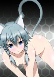 Rule 34 | 10s, 1girl, :p, absurdres, animal ears, ass, bad id, bad pixiv id, bent over, blue eyes, blush, breasts, cat ears, cat tail, chinpu (illustration), completely nude, highres, leaning forward, nude, short hair, sinon, sinon (sao-alo), small breasts, solo, sword art online, tail, tongue, tongue out, twintails