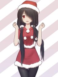 Rule 34 | 10s, 1girl, black hair, black pantyhose, blush, christmas, cowboy shot, date a live, fur trim, hair over one eye, hat, highres, long hair, looking at viewer, low twintails, open mouth, pantyhose, red eyes, santa costume, santa hat, solo, tokisaki kurumi, twintails, xini m