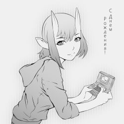Rule 34 | 1girl, borrowed character, breasts, closed mouth, commentary, english commentary, greyscale, handheld game console, highres, hood, hoodie, horns, looking at viewer, miura-n315, monochrome, nintendo ds, original, pointy ears, short hair, simple background, smile, solo