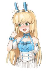 1girl ahoge animal_ears artoria_caster_(fate) artoria_caster_(swimsuit)_(fate) artoria_caster_(swimsuit)_(second_ascension)_(fate) artoria_caster_(swimsuit_berserker)_(fate) artoria_caster_(swimsuit_berserker)_(second_ascension)_(fate) artoria_pendragon_(fate) bare_shoulders blonde_hair blue_dress blush breasts dress fake_animal_ears fate/grand_order fate_(series) green_eyes hairband highres long_hair looking_to_the_side nyokinyoki_18 open_mouth puffy_short_sleeves puffy_sleeves rabbit_ears short_sleeves skirt small_breasts smile twintails white_skirt