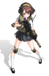 Rule 34 | 1girl, artist name, assault rifle, black footwear, black skirt, bow, bowtie, brown gloves, brown hair, closed mouth, commentary request, dress shirt, elbow pads, frown, full body, gloves, gun, headphones, holding, holding gun, holding weapon, knee pads, kws, load bearing vest, m4 carbine, mary janes, miniskirt, original, pleated skirt, purple bow, purple bowtie, red eyes, rifle, school uniform, scope, shadow, shirt, shoes, short hair, short sleeves, signature, simple background, skirt, socks, solo, standing, tactical clothes, v-shaped eyebrows, weapon, white background, white shirt, white socks
