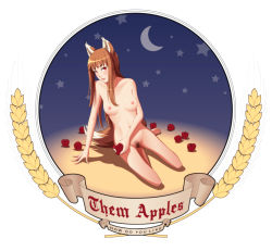 Rule 34 | 1girl, absurdres, animal ears, apple, bad id, bad pixiv id, barefoot, breasts, brown hair, crescent moon, english text, female focus, female pubic hair, food, fruit, highres, holo, hy136, lips, long hair, medium breasts, moon, nipples, nude, pubic hair, red eyes, solo, spice and wolf, star (symbol), tail, wolf ears, wolf tail
