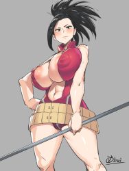 Rule 34 | 10s, 1girl, areola slip, bare shoulders, black eyes, black hair, blush, boku no hero academia, breasts, cameltoe, covered erect nipples, curvy, grey background, hand on own hip, highres, huge breasts, large areolae, long hair, looking at viewer, navel, obui, ponytail, simple background, solo, standing, wide hips, yaoyorozu momo