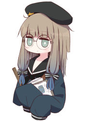 Rule 34 | beret, black bow, black hat, black neckerchief, black sailor collar, blue hair, blue shirt, blush, bow, brown hair, captain nemo (fate), closed mouth, commentary request, cropped torso, fate/grand order, fate (series), glasses, gradient hair, green eyes, hair bow, hat, long hair, long sleeves, looking at viewer, mole, mole under eye, multicolored hair, naga u, neckerchief, nemo (fate), professor nemo (fate), round eyewear, sailor collar, school uniform, serafuku, shirt, simple background, sleeves past fingers, sleeves past wrists, solo, striped, striped bow, upper body, white background