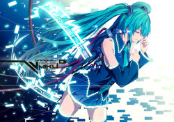 Rule 34 | 1girl, aqua hair, bad id, bad pixiv id, cable, character name, detached sleeves, closed eyes, hatsune miku, long hair, merontomari, necktie, skirt, solo, tears, thighhighs, twintails, uninstall, very long hair, vocaloid
