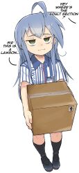 1girl :3 absurdres ahoge bags_under_eyes blue_hair box cardboard_box carrying employee_uniform english_text green_eyes highres izumi_konata lawson long_hair lucky_star mole mole_under_eye simple_background white_background zlix0n