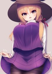 Rule 34 | 1girl, alternate breast size, black pantyhose, blonde hair, blush, breasts, brown eyes, brown hat, commentary request, darumoon, hair ribbon, hat, highres, large breasts, long sleeves, looking at viewer, looking down, moriya suwako, open mouth, pantyhose, purple skirt, purple vest, ribbon, short hair with long locks, simple background, skirt, skirt hold, solo, tights day, touhou, vest, white sleeves