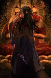 Rule 34 | 1boy, absurdres, arm up, black eyes, black hair, black kimono, blood, blood on clothes, blood on face, blood on hands, buddha, buddhism, covered mouth, facial mark, feet out of frame, forehead mark, getou suguru, hair bun, half-closed eyes, hand on own face, highres, japanese clothes, jujutsu kaisen, kimono, long hair, long sleeves, looking at viewer, lotus pedestal, lotus position, male focus, ogura aoi, sash, single hair bun, sitting, solo, standing, statue, tsurime, wide sleeves