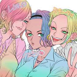 3girls blonde_hair blue_hair blue_shirt commentary_request curly_eyebrows earrings frisktomato green_eyes hair_over_one_eye hairband jewelry looking_at_viewer miss_valentine multiple_girls nojiko one_piece overalls pink_hair pink_shirt shirt short_hair simple_background smile vest vinsmoke_reiju white_background