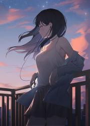 Rule 34 | 1girl, against railing, armpits, black hair, breasts, cleavage, cloud, cowboy shot, dawn, earphones, floating hair, highres, holding, holding phone, leaning back, long hair, long sleeves, looking away, medium breasts, off shoulder, open clothes, open shirt, original, outdoors, parted lips, phone, railing, shirt tucked in, short shorts, shorts, sky, solo, spaghetti strap, standing, star (sky), starry sky, tank top, white tank top, yuu maraa
