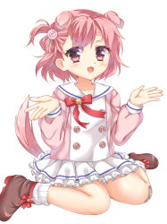 Rule 34 | 1girl, :d, animal ears, azur lane, bandaid, bandaid on knee, bandaid on leg, bell, blush, boots, bow, brown footwear, candy, candy hair ornament, collarbone, dog ears, dog girl, dog tail, extra ears, fingernails, food, food-themed hair ornament, frilled skirt, frills, fuyukichi (nikoniko1567), hair ornament, hands up, highres, jingle bell, kindergarten uniform, lollipop, long sleeves, looking at viewer, one side up, open mouth, pink hair, pink shirt, pleated skirt, puffy long sleeves, puffy sleeves, red bow, red eyes, sailor collar, shirt, short hair, simple background, sitting, skirt, smile, socks, solo, swirl lollipop, tail, tail raised, thick eyebrows, uzuki (azur lane), wariza, white background, white sailor collar, white skirt, white socks