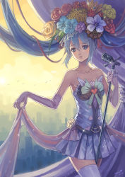 Rule 34 | 1girl, benni, blue eyes, blue hair, dated, floating hair, flower, hair flower, hair ornament, hatsune miku, highres, matching hair/eyes, microphone, microphone stand, skirt, solo, thighhighs, twintails, vocaloid