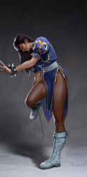 Rule 34 | 1girl, boots, bracelet, capcom, chinese clothes, chun-li, denglei, dress, highres, jewelry, leaning on object, leotard, long hair, puffy sleeves, solo, spiked bracelet, spikes, street fighter, untied footwear
