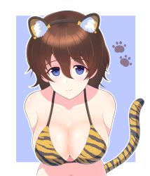 Rule 34 | 1girl, absurdres, akaboshi koume, animal ears, animal print, arms behind back, bikini, blue eyes, blush, border, breasts, brown hair, cleavage, closed mouth, commentary request, fake animal ears, fake tail, girls und panzer, halterneck, highres, iteza (flapper girl 25), large breasts, leaning forward, looking at viewer, navel, orange bikini, outline, outside border, partial commentary, paw print, print bikini, short hair, smile, solo, swimsuit, tail, tiger ears, tiger print, tiger tail, upper body, upturned eyes, wavy hair, white border, white outline