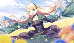 Rule 34 | 1girl, :d, arrow (tamawo222), black choker, blonde hair, blue flower, blue sky, blurry, blurry background, blurry foreground, breasts, choker, cloud, commentary request, day, depth of field, dutch angle, fate/grand order, fate (series), field, flower, flower field, gerda (fate), green eyes, green hairband, green skirt, hairband, highres, holding, jewelry, long hair, long sleeves, looking at viewer, medium breasts, mountain, necklace, open mouth, orange flower, outdoors, petals, round teeth, skirt, sky, smile, solo, standing, swept bangs, teeth, upper teeth only, very long hair, yellow flower