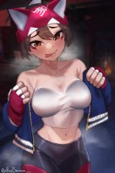 Rule 34 | 1girl, a big brother, artist name, bare shoulders, black pants, blue jacket, blush, bow, breasts, brown eyes, brown hair, collarbone, commentary, english commentary, fingerless gloves, fox mask, game screenshot background, gloves, hair bow, hair ribbon, half mask, highres, jacket, kiriko (overwatch), large breasts, mask, medium breasts, naughty face, navel, outdoors, overwatch, overwatch 2, pants, red gloves, ribbon, saliva, drooling, skin tight, solo, steaming body, strapless, sukajan, sukajan kiriko, sweat, tongue, tongue out, topknot, tsurime, tube top, twitter username, undressing, upper body, white gloves, white ribbon, white tube top
