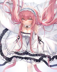 Rule 34 | 1girl, absurdres, azur lane, bare shoulders, breasts, cleavage, detached collar, detached sleeves, dress, frilled dress, frills, highres, linz (linzimmm), long hair, medium breasts, perseus (azur lane), pink eyes, pink hair, pink ribbon, ribbon, simple background, solo, very long hair, wide sleeves