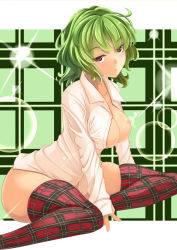 Rule 34 | 1girl, absurdres, ass, breasts, cyoppu, female focus, green hair, highres, kazami yuuka, large breasts, long sleeves, looking at viewer, naked shirt, nipples, open clothes, open shirt, plaid, plaid legwear, red eyes, shirt, sitting, skindentation, solo, thighhighs, touhou
