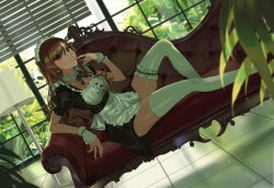 Rule 34 | 1girl, absurdres, alternate costume, apron, arisugawa natsuha, bare arms, black dress, blush, breasts, bridal garter, brown eyes, brown hair, brown ribbon, cleavage, collarbone, commentary, couch, day, detached collar, dress, dutch angle, enmaided, finger to mouth, foot out of frame, frills, from side, highres, idolmaster, idolmaster shiny colors, indoors, kurokin, lamp, long hair, long legs, looking at viewer, maid, maid headdress, medium breasts, neck ribbon, plant, puffy short sleeves, puffy sleeves, ribbon, short sleeves, sitting, skindentation, solo, thigh strap, thighhighs, tile floor, tiles, waist apron, white thighhighs, window, wrist cuffs, zettai ryouiki