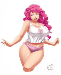 Rule 34 | 1girl, bare shoulders, blue eyes, blush, breasts, cleavage, cropped legs, large breasts, long hair, looking at viewer, lvl (sentrythe2310), midriff, my little pony, my little pony: friendship is magic, open mouth, personification, pink hair, pinkie pie, solo, tank top