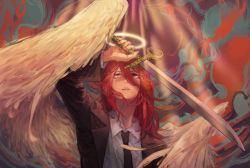 Rule 34 | 1boy, absurdres, androgynous, angel devil (chainsaw man), black suit, chainsaw man, collared shirt, feathered wings, hair between eyes, highres, looking at viewer, male focus, mingyue 0, necktie, red eyes, red hair, ringed eyes, shirt, solo, solo focus, standing, suit, white shirt, wings