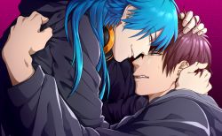 Rule 34 | 10s, 2boys, blue hair, clenched hand, dramatical murder, eye contact, hand on another&#039;s head, headphones, headphones around neck, kuwa ayase, long hair, looking at another, male focus, mizuki (dramatical murder), multiple boys, red hair, scared, seragaki aoba, smirk, tattoo