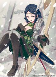 Rule 34 | 1girl, 40hara, arrow (projectile), black eyes, black hair, boots, bow (weapon), breasts, brown footwear, circlet, cleavage, company name, feathers, fire emblem, fire emblem awakening, fire emblem cipher, gloves, highres, knee boots, medium breasts, nintendo, noire (fire emblem), official art, open mouth, quiver, sitting, snowing, solo, teeth, weapon