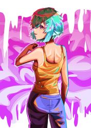 Rule 34 | 1girl, absurdres, alternate costume, alternate hair length, alternate hairstyle, artist name, blue pants, breasts, commentary, english commentary, finana ryugu, fins, fish girl, from behind, green hair, hair ornament, hairclip, head fins, highres, nijisanji, nijisanji en, pants, parted lips, purple hair, short hair, small breasts, solo, tank top, virtual youtuber, wokiiarts, yellow tank top